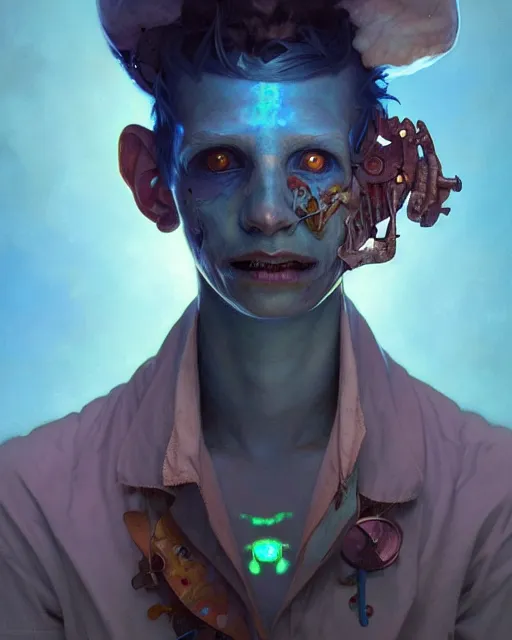 Image similar to portrait of a patchwork boy, bioluminescent, horror, expressive, asymmetrical art, highly detailed, concept art, cinematic, hyperrealism, epic, art by peter mohrbacher and wlop and rhads and artgerm and magali villeneuve and alphonse mucha, artstation, octane render, cgsociety