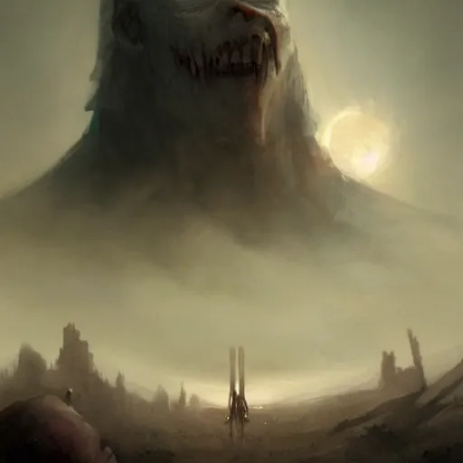 Image similar to a beautiful terrifying immense pale humanoid giant looms over a tiny human. ethereal horror fantasy art by greg rutkowski