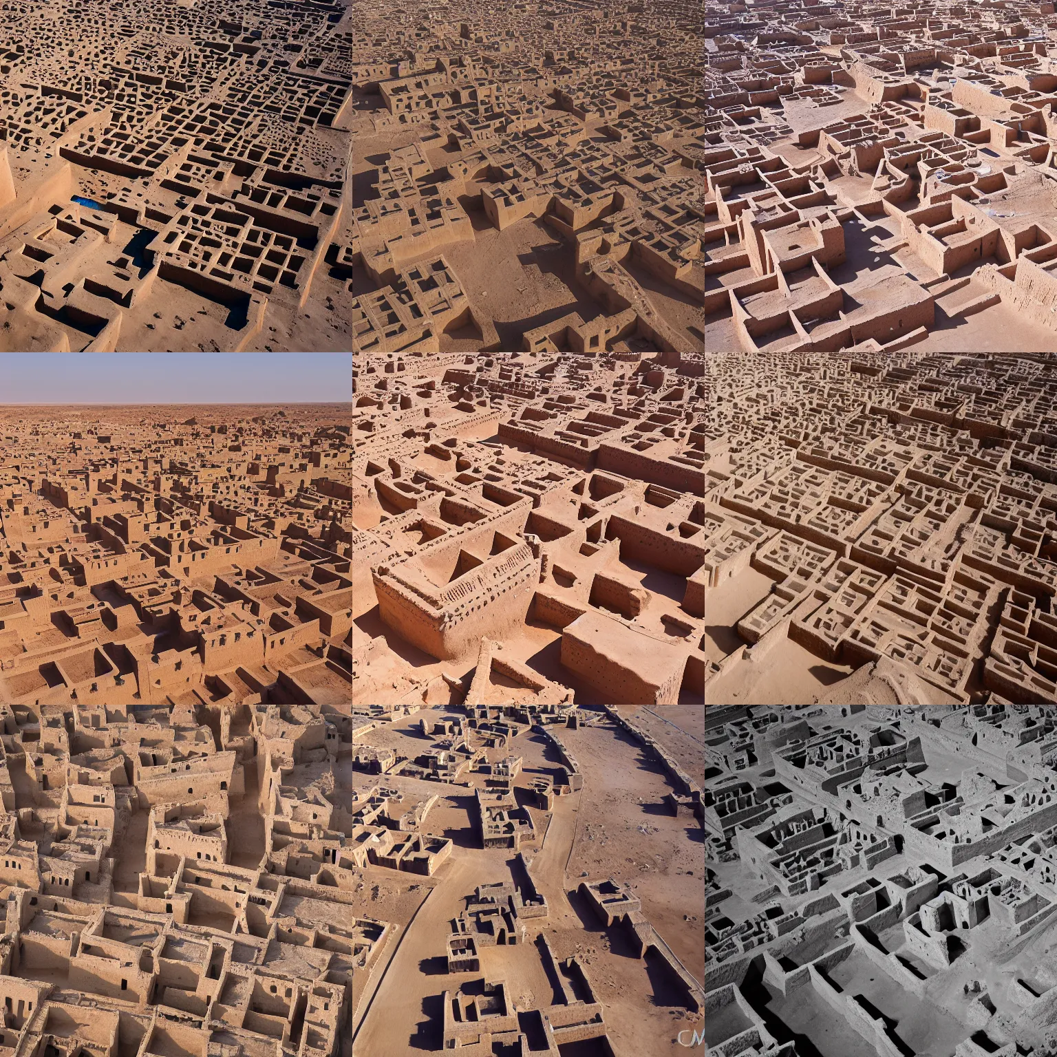 Prompt: High-quality aerial photography of an old walled West African city made of mud bricks, Timbuktu, Canon TS-E 17mm, National Geographic