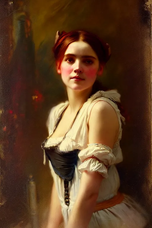 Prompt: soft colorsphotograph imax and solomon joseph solomon and richard schmid and jeremy lipking victorian loose genre loose painting full length portrait painting of pretty barmaid pirate wench disney