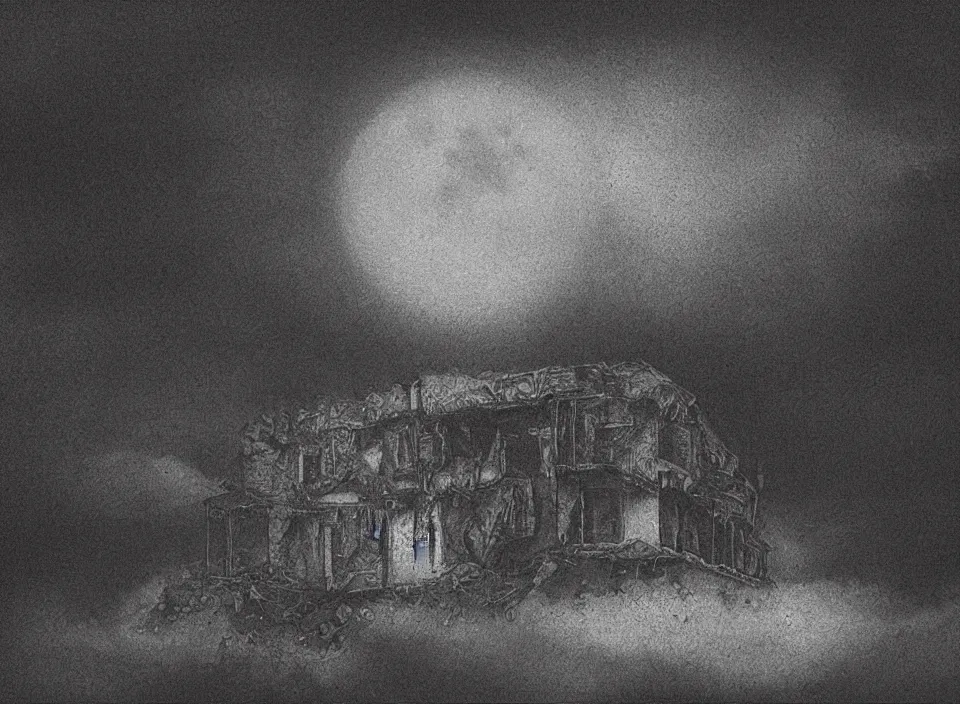 Prompt: midnight, the moon obscured by clouds, in a dilapidated building the dark unknown huddled in the corner is pouring out, myth, by loicmuzy