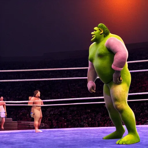 Image similar to shrek vs andre the giant at wrestlemania 8, dramatic lighting, 8k , WWE poster