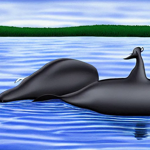 Prompt: a realistic photograph of a peaceful cassowary and beluga whale relaxing together, digital art, detailed,