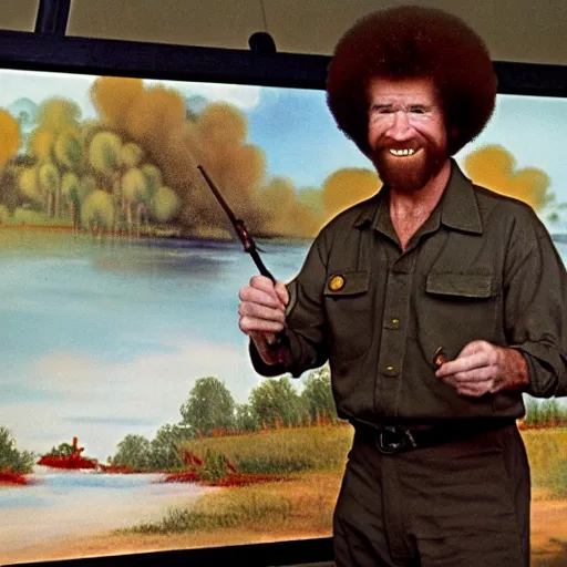 Image similar to bob ross in the vietnam war, 8 k detail