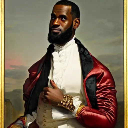 Prompt: a portrait of Lebron James, strong pose, highly detailed, in the style of Franz Xaver Winterhalter, highly detailed, in the style of Aetherpunk