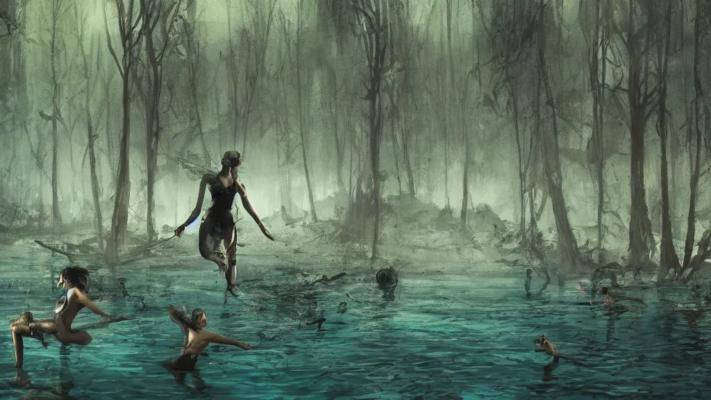 Prompt: post - apocalyptic swam in a forest