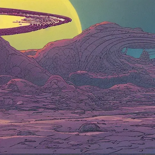 Image similar to an alien landscape by Moebius