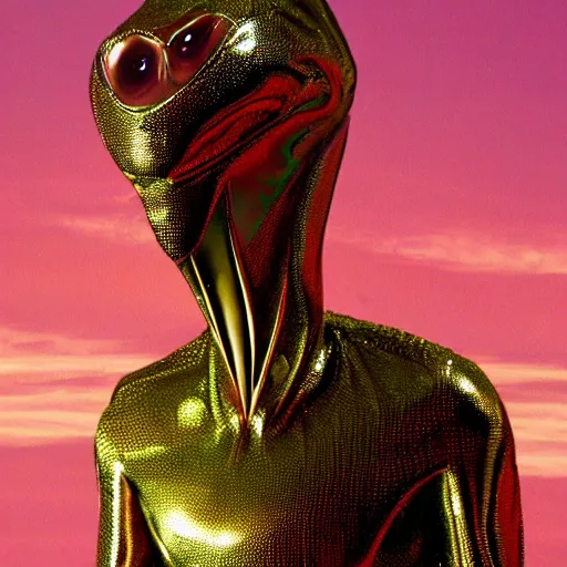 Prompt: a metallic, dancing alien