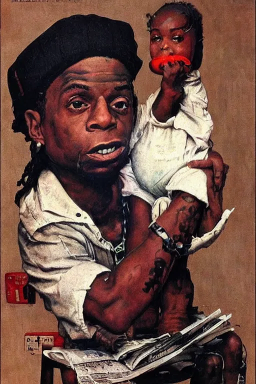 Prompt: lil wayne and his giant iphone painted by norman rockwell