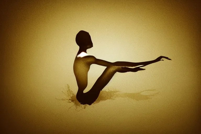 Image similar to beautiful serene swimming person, healing through motion, life, minimalistic golden and ink airbrush painting on white background