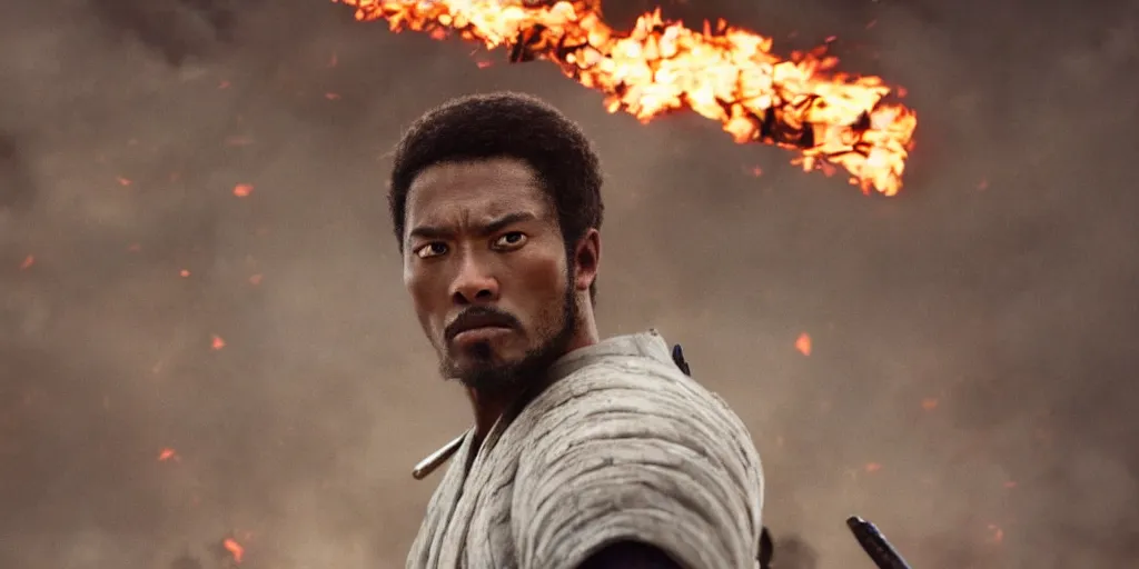 Image similar to a film still of a black man starring in a japanese blockbuster film as samurai on fire, shallow depth of field, cinematic, award winning cgi, vfx, film still