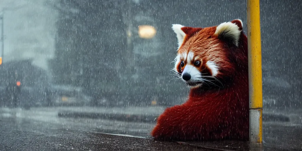 Prompt: a photo of 8k a cute red panda waiting at a bus stop in the rain for a bus that might never come, cinematic lighting, trending on artstation, 4k, hyperrealistic, focused, extreme details, unreal engine 5, cinematic, masterpiece