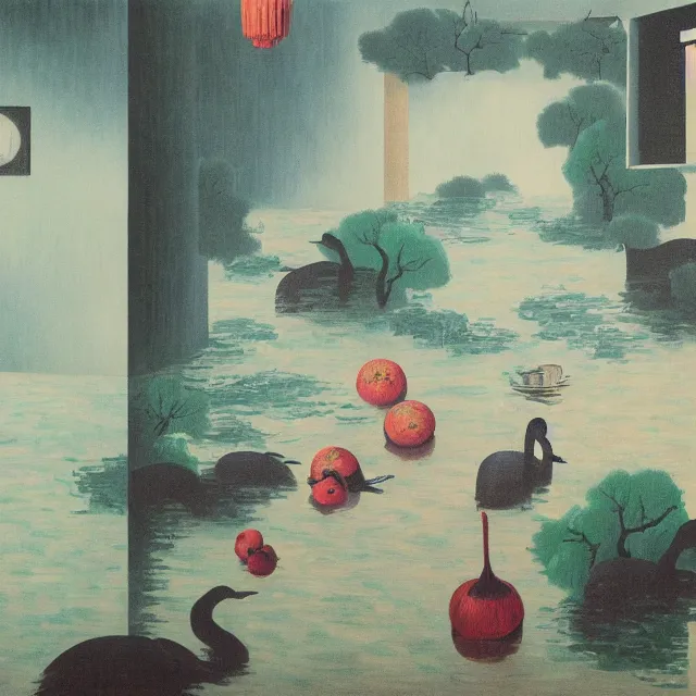 Image similar to painting of flood waters inside an apartment, tall female emo art student, a river flooding indoors, pomegranates, pigs, ikebana, water, river, rapids, waterfall, black swans, canoe, berries, acrylic on canvas, surrealist, by magritte and monet