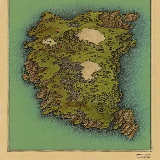 Image similar to an isometric fantasy map, simple, uncluttered, minimal, the land of Odrua, continent with mountains lakes hills and cities, by brian froud by jrr tolkien