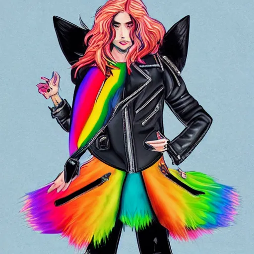 Image similar to wide angle full body, jacket wearing fluffy cute rainbow kitten wearing a black leather motorcycle jacket, cinematic concept art