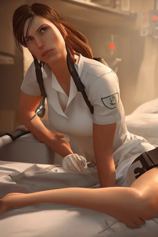 Prompt: lara croft, wearing a nurse outfit, resting on a hospital bed, real photo, hospital interior, intricate, soft lighting, cinematic composition, hyper realistic, 8k resolution, unreal engine 5