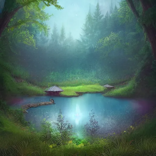 Prompt: a small hidden lake in the forest, fireflies hovering over the water, stars visible behind the trees, fairytale, digital art, highly detailed, HD, trending on artstation, mystical, ethereal, beautiful