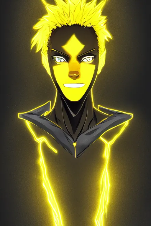 Image similar to glowing black male anime character, golden hair, yellow eyes, symmetrical, highly detailed, digital art, sharp focus, trending on art station, crazy hair, electricity superpowers, anime art style