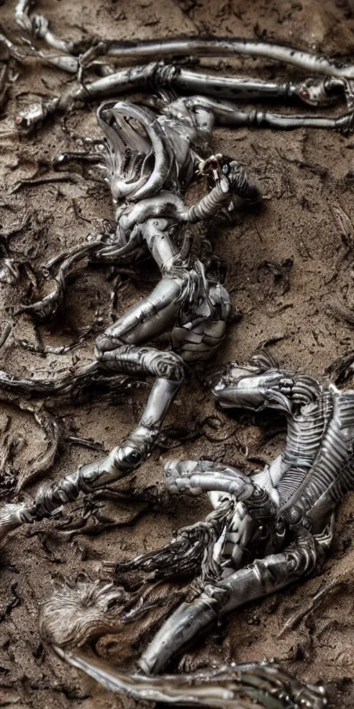 Prompt: bootleg figure of a plastic platinum xenomorph diorama laying on the mud, secondhand, water drips rain stormcloud by Luis Royo, mcfarlane, cursed photography, middle shot