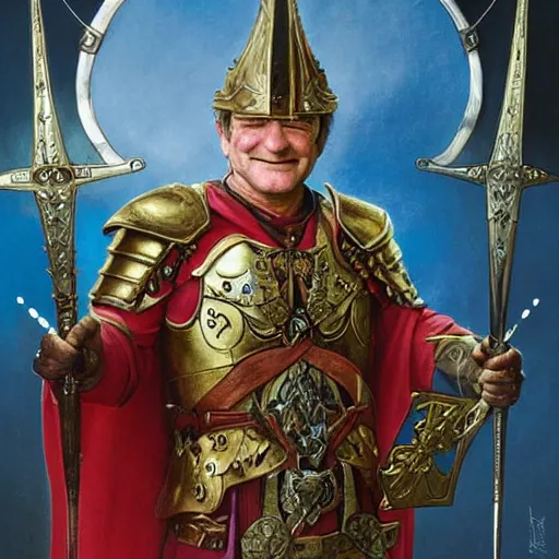 Image similar to an ultradetailed portrait of robin williams dressed as a fantasy holy paladin, carrying a large tower shield, d & d, fantasy, intricate, elegant, highly detailed, digital painting, matte, sharp focus, illustration, plate armor, god rays, art by john collier and albert aublet and krenz cushart and artem demura and alphonse mucha