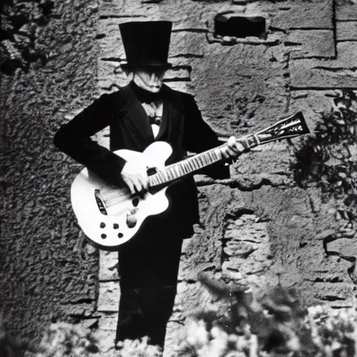 Image similar to vintage photograph of count orlok outside his castle, playing the blues on guitar, castle in the background, 4 k