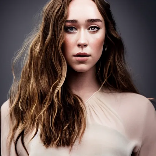 Prompt: alycia debnam carey standing while posing for a photo, award winning photography, HDR, studio lighting, dynamic pose, medium close shot, shot on Canon EOS R5, f/2.5,
