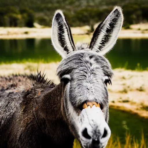 Prompt: close up photo of a donkey, drinking water from a lake in tasmania, bokeh, 4 k award winning nature photography