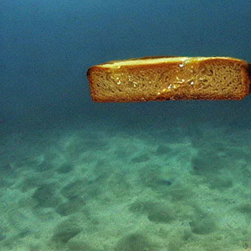 Prompt: buttered burnt toast floating underwater, burnt, wet, by Moebius