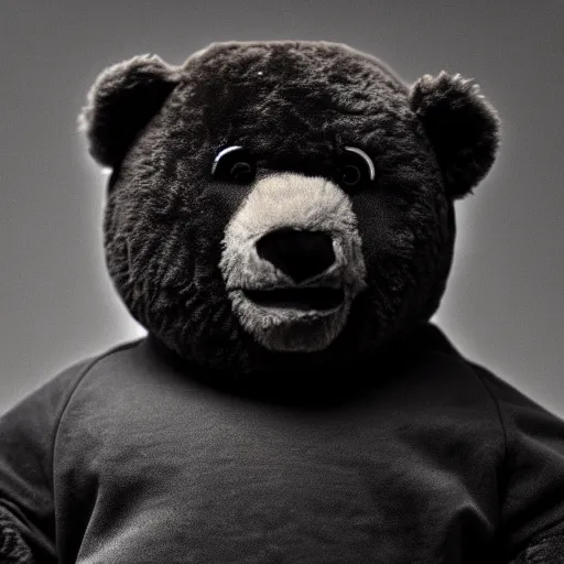 Prompt: a ( ( ( ( ( ( ( ( ( chiaroscuro lighting portrait ) ) ) ) ) ) ) ) ) ) of kanye west dressed as teddy bear mascot, black background, portrait by julia margaret cameron, shallow depth of field, 8 0 mm, f 1. 8