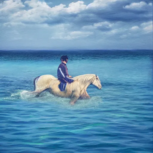 Image similar to horse swimming in the ocean with fork and knife, photorealistic, high detail