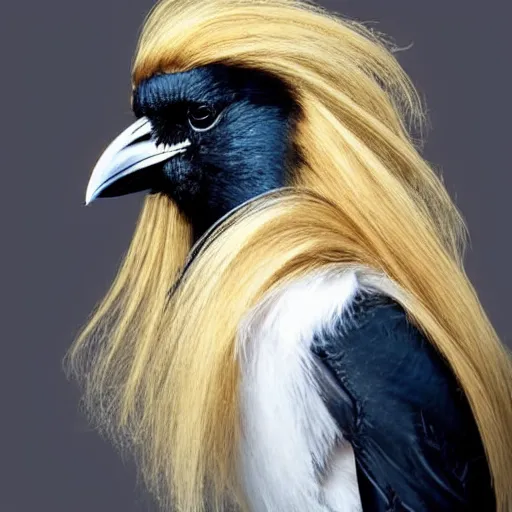 Image similar to a photo of a crow wearing a wig of luxurious, long blonde hair. the crow looks fabulous and she knows it.