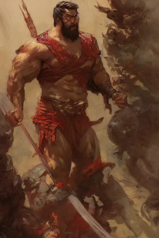 Prompt: attractive beefy man, character design, wuxia, colorful, painting by gaston bussiere, craig mullins, greg rutkowski, j. c. leyendecker