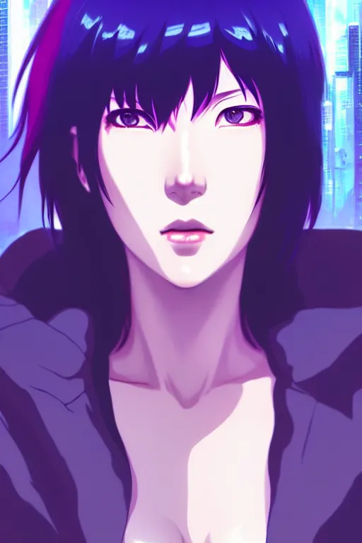 Image similar to a still fullbody portrait of motoko kusanagi ghost in the shell, finely detailed features, closeup at the faces, perfect art, at a cyberpunk city, gapmoe yandere grimdark, trending on pixiv fanbox, by ilya kuvshinov, rossdraws, artgerm