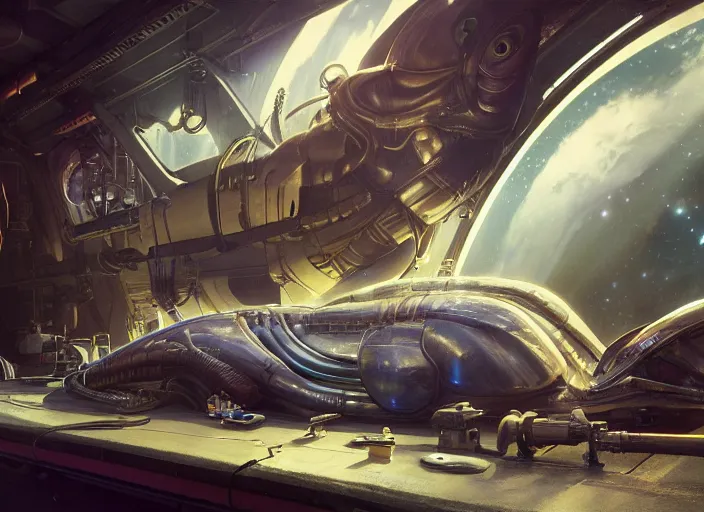 Prompt: alien space cat sleeping on a mechanics workbench in a spaceport in a space opera ghibli animated film, volumetric lighting, octane render by stanley artgerm lau, greg rutkowski, thomas kindkade, alphonse mucha, loish, norman rockwel, highly detailed