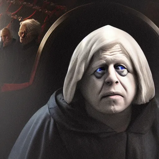 Prompt: Boris Johnson as Emperor Palpatine, dark background