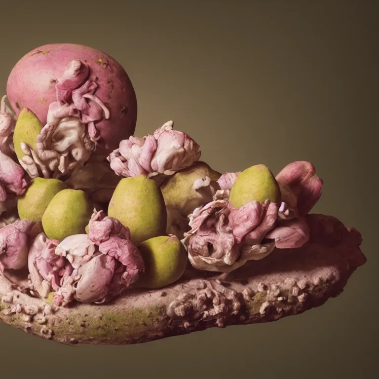 Image similar to still life of rotten flesh, beautiful pastel flowers, human spine, tropical fruit baroque painting, beautiful detailed intricate insanely detailed octane render, 8K artistic photography, photorealistic