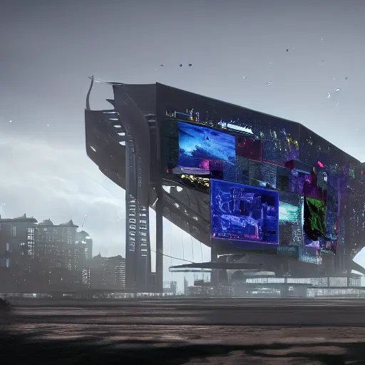 Image similar to Kazimierz Malewicz motherboard wall panel airport structure and digital billboard stars points cloud in the middle, unreal engine 5 lumen global illumination, keyshot, octane, artstation trending, ultra high detail, ultra realistic, cinematic, 8k, 16k, in style of zaha hadid, blade runner 2049 lighting color, in plastic, ultra high contrast, dark shadows, tilt shift,