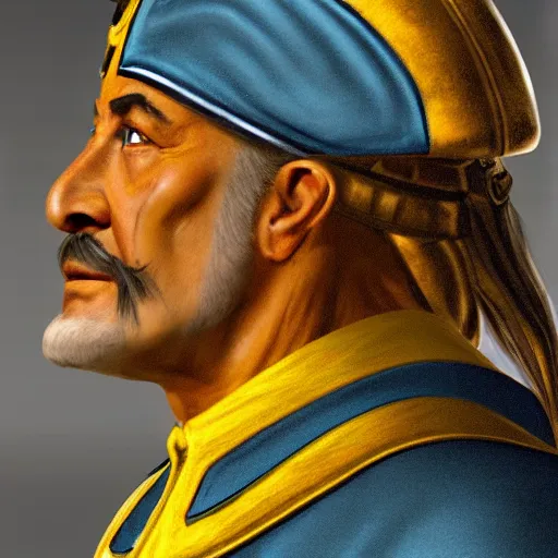 Prompt: high quality high detail character design of a colonial general, blue and yellow, photorealistic lighting