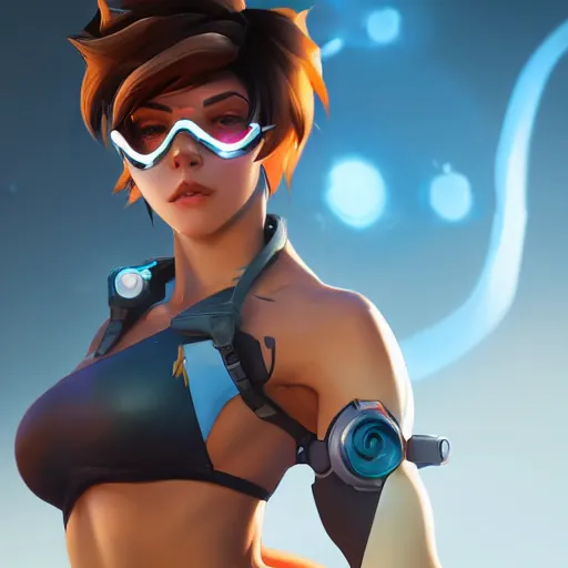 Image similar to overwatch tracer in a bikini, digital art, pretty face, very beautiful face, very detailed eyes, 8 k resolution, by wlop, greg rutkowski, full body