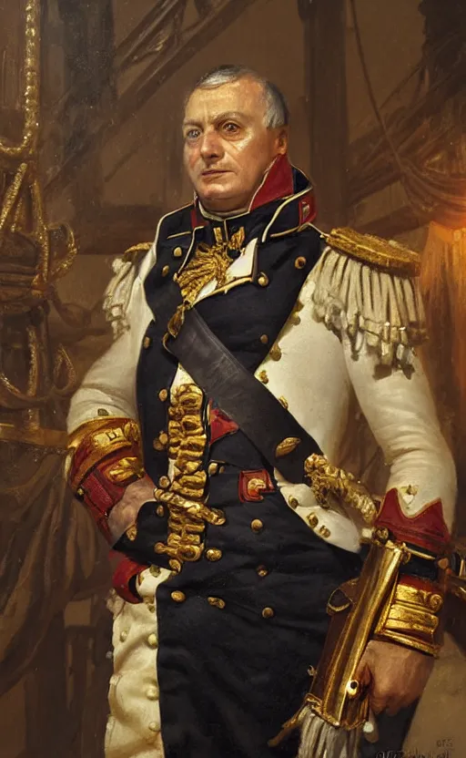 Prompt: Portrait of a napoleonic admiral on the deck of a ship, male, detailed face, 19th century, highly detailed, cinematic lighting, digital art painting by greg rutkowski