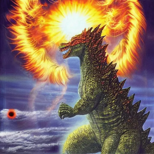 Prompt: godzilla in space!!! breathing fire and the fire becomes the sun, surreal, highly detailed