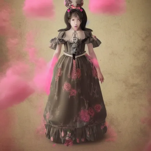 Image similar to 8 k, octane render, realism, tonalism, renaissance, rococo, baroque, cotton candy, portrait of a creepy young lady wearing long - harajuku manga - dress with flowers and skulls