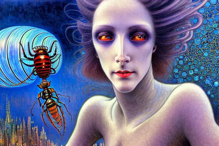 Image similar to realistic extremely detailed portrait closeup painting of a ghost woman with a beetle, futuristic sci-fi city on background by Jean Delville, Amano, Yves Tanguy, Alphonse Mucha, Ernst Haeckel, Edward Robert Hughes, Roger Dean, rich moody colours, blue eyes