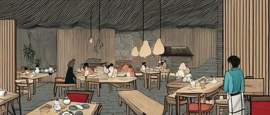 Image similar to a beautiful interior view illustration of a small roasted string hotpot restaurant in yan'an city, in the wall corner, chinese mountain architecture, restaurant wall paper is tower and mountain, rectangle white porcelain table, people are eating, black chair, animation illustrative style, from china, simple style structure decoration design, victo ngai, james jean, 4 k hd