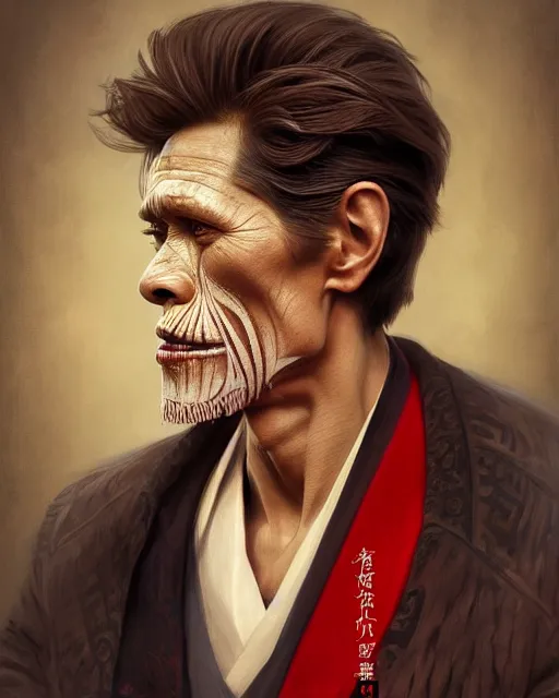 Image similar to portrait of willem dafoe looking at pizza, upper half portrait, decorated with chinese opera motifs, asian, bian lian, traditional chinese art, intricate, elegant, highly detailed, symmetry, digital painting, artstation, concept art, smooth, sharp focus, illustration, art by artgerm and greg rutkowski and alphonse mucha, 8 k