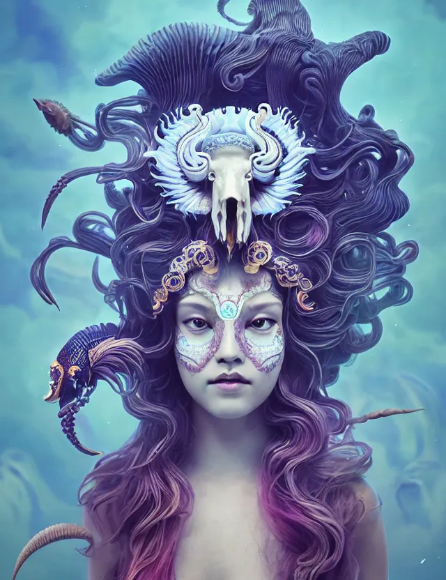 Image similar to 3 d slvic goddess half - turn portrait with long hair with ram skull. beautiful intricately detailed japanese crow kitsune mask and clasical japanese kimono. betta fish, jellyfish phoenix, bio luminescent, plasma, ice, water, wind, creature, artwork by tooth wu and wlop and beeple and greg rutkowski