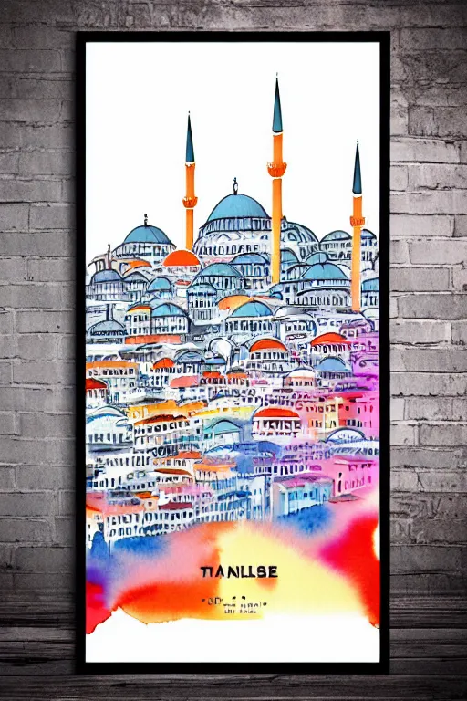 Image similar to minimalist colorful watercolor line art of istanbul, art deco, cityscape, matte drawing, poster art