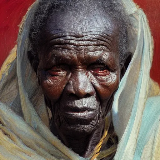 Image similar to a painting of a wise elder from Kenya by Henry Ossawa Tanner . dramatic angle, ethereal lights, details, smooth, sharp focus, illustration, realistic, cinematic, artstation, award winning, rgb , unreal engine, octane render, cinematic light, macro, depth of field, blur, red light and clouds from the back, highly detailed epic cinematic concept art CG render made in Maya, Blender and Photoshop, octane render, excellent composition, dynamic dramatic cinematic lighting, aesthetic, very inspirational, arthouse.