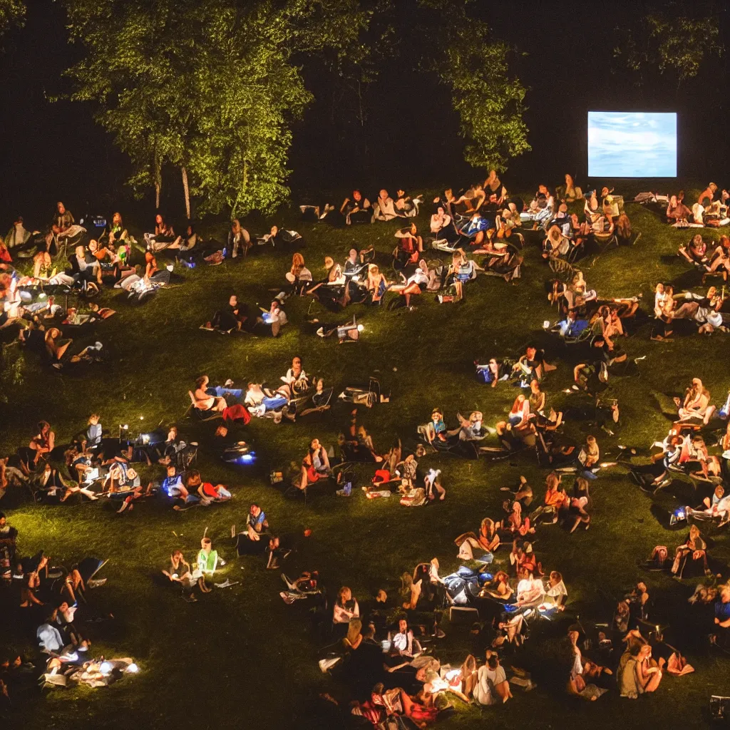 Prompt: outdoor cinema in the forest at night