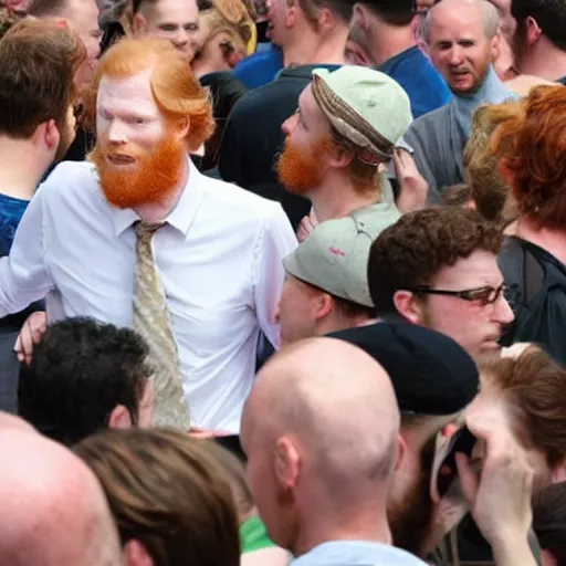 Image similar to a 3 0 foot tall, ginger, balding man walking among the crowd